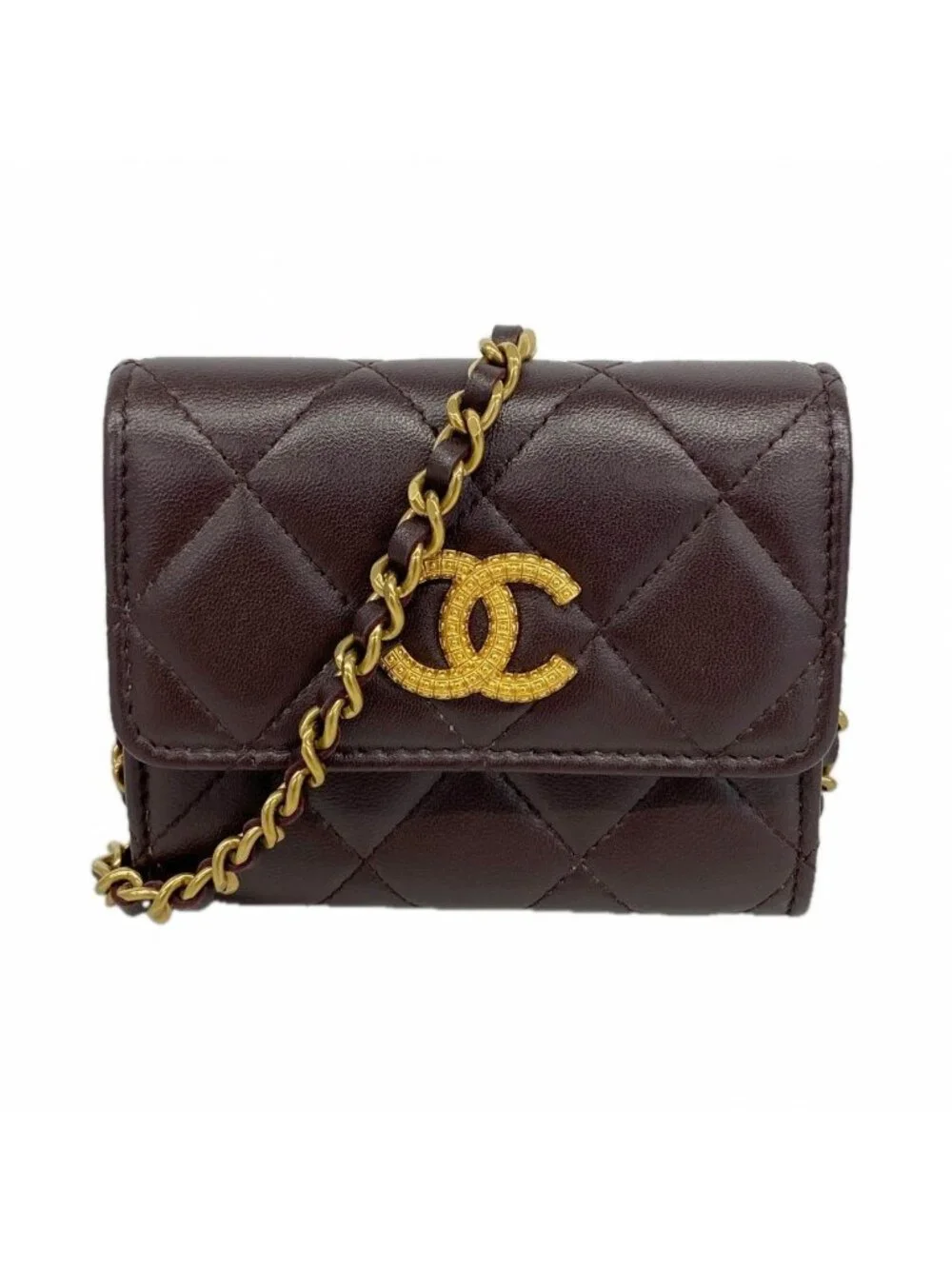 Chanel Shoulder Wallet Quilted Lambskin Dark Brown Gold